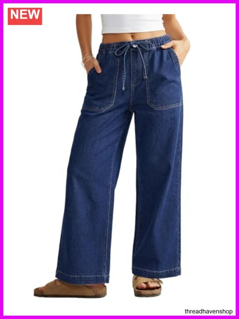 Wide Leg Jeans High Waisted Drawstring Elastic Waist Stretchy Denim Pants